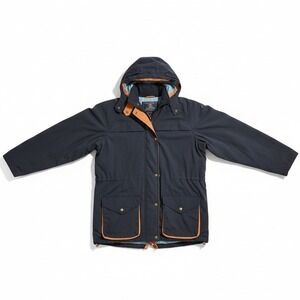 The Limited Men Navy Blue Hooded Parka Jacket Tan Trim Utility Field Coat Medium